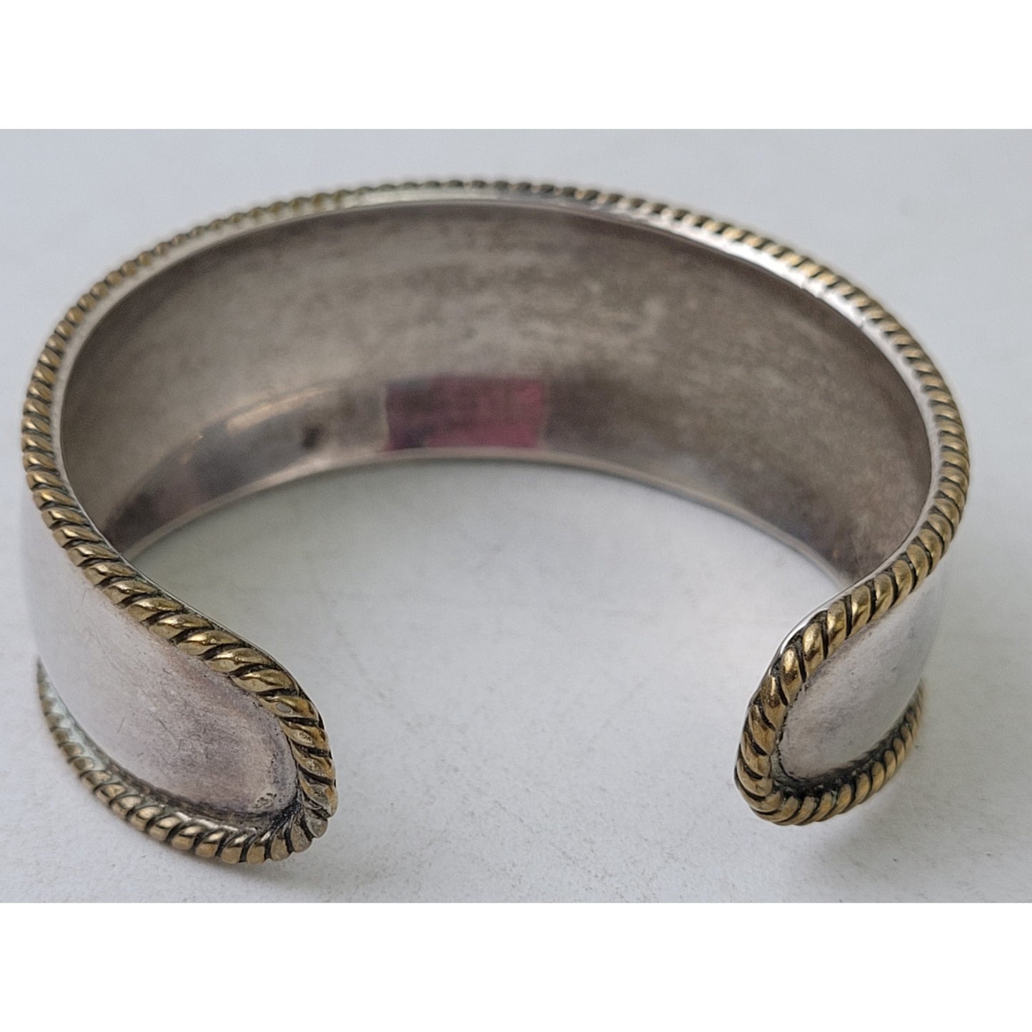 Vintage Thick 925 Sterling Silver Cuff Bracelet w Brass Braided Trim Small Wrist