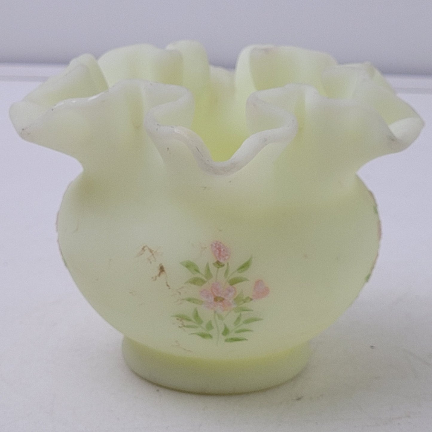 Vintage 1970s Fenton Custard Ruffle Vase Painted Pink Blossoms Signed