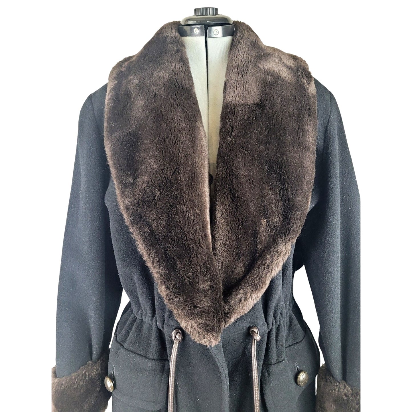 Vintage Anne Klein II Black Wool Faux Fur Trim Coat Women's Sz M