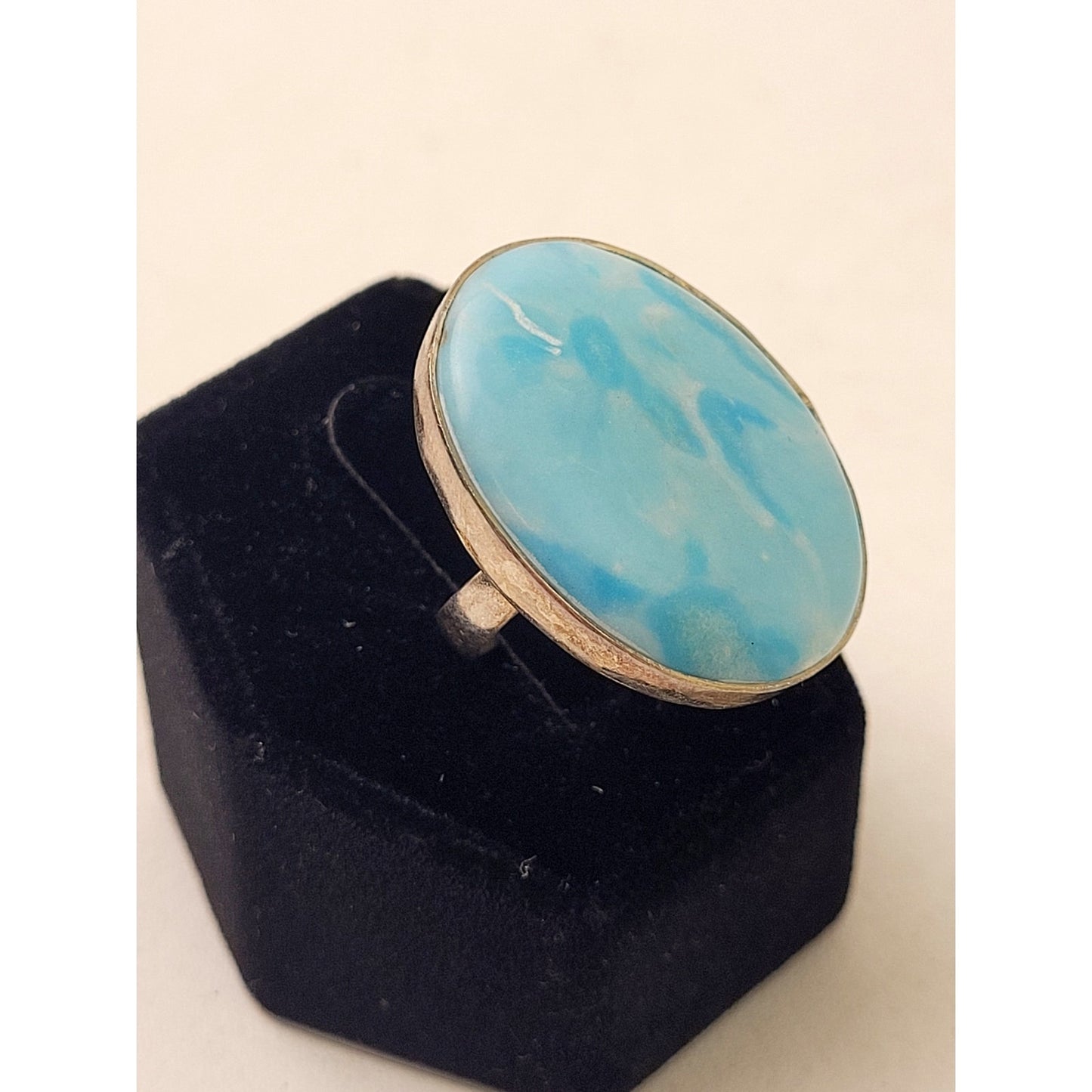 Sterling Silver Large Oval Larimar Gemstone Ring | Sz 6 1/4