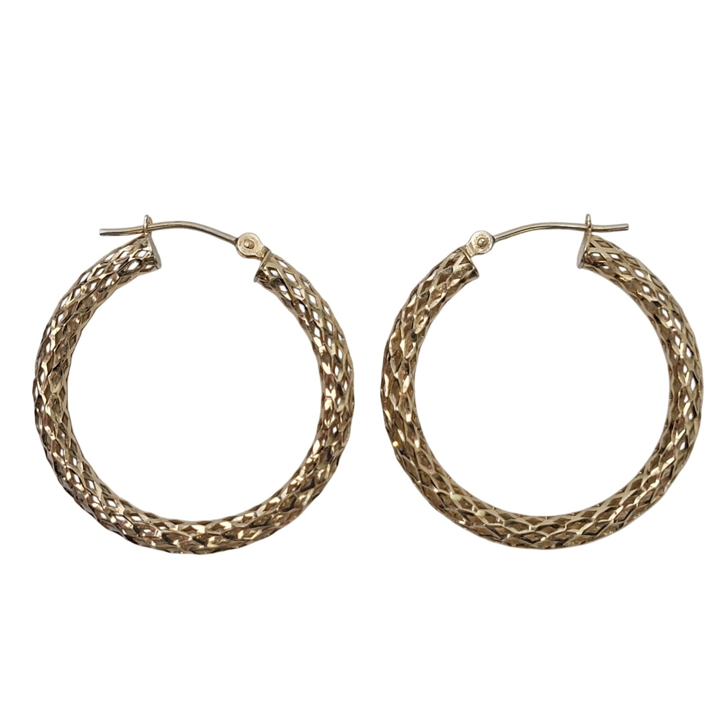 10K Yellow Gold Diamond-Cut Mesh Medium Sized Round Hoops 29mm Diameter