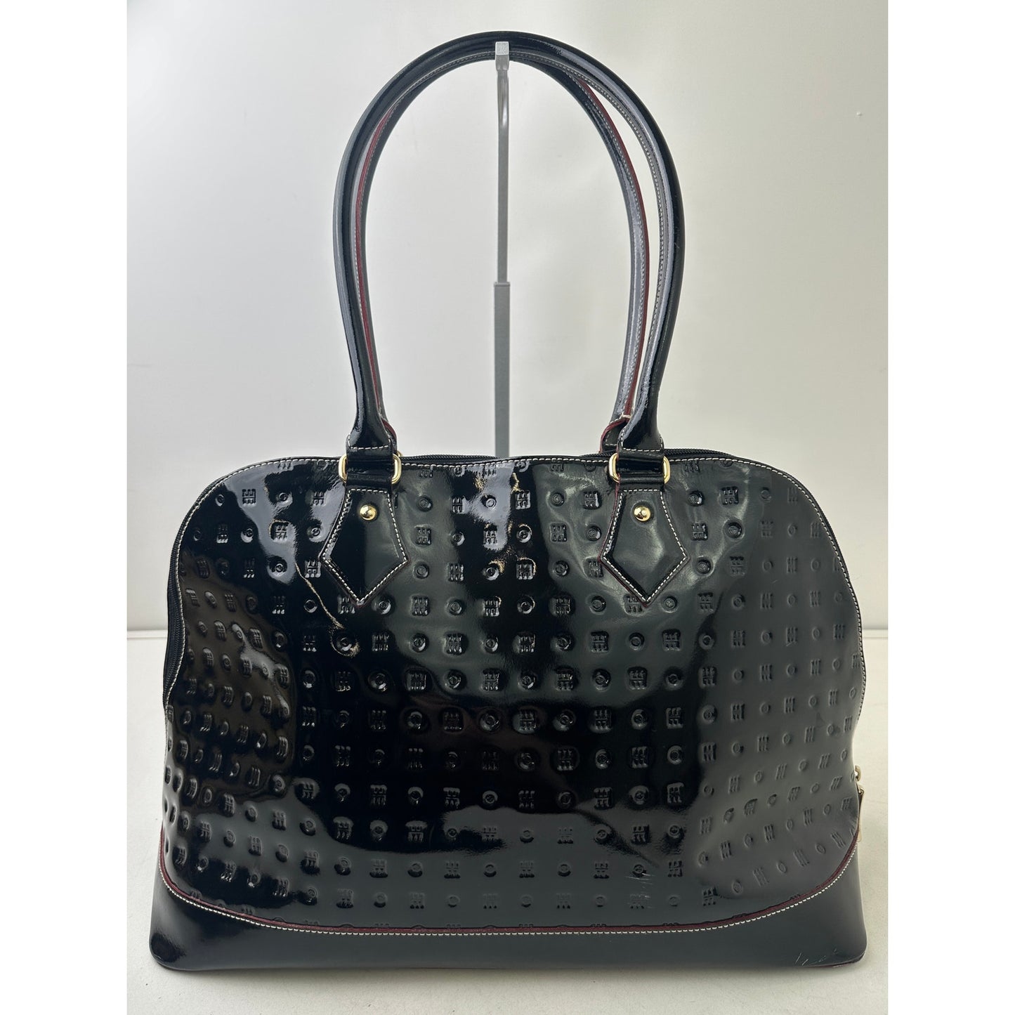 Arcadia Italy Black Patent Leather Leather Embossed Logo Dome Satchel Bag