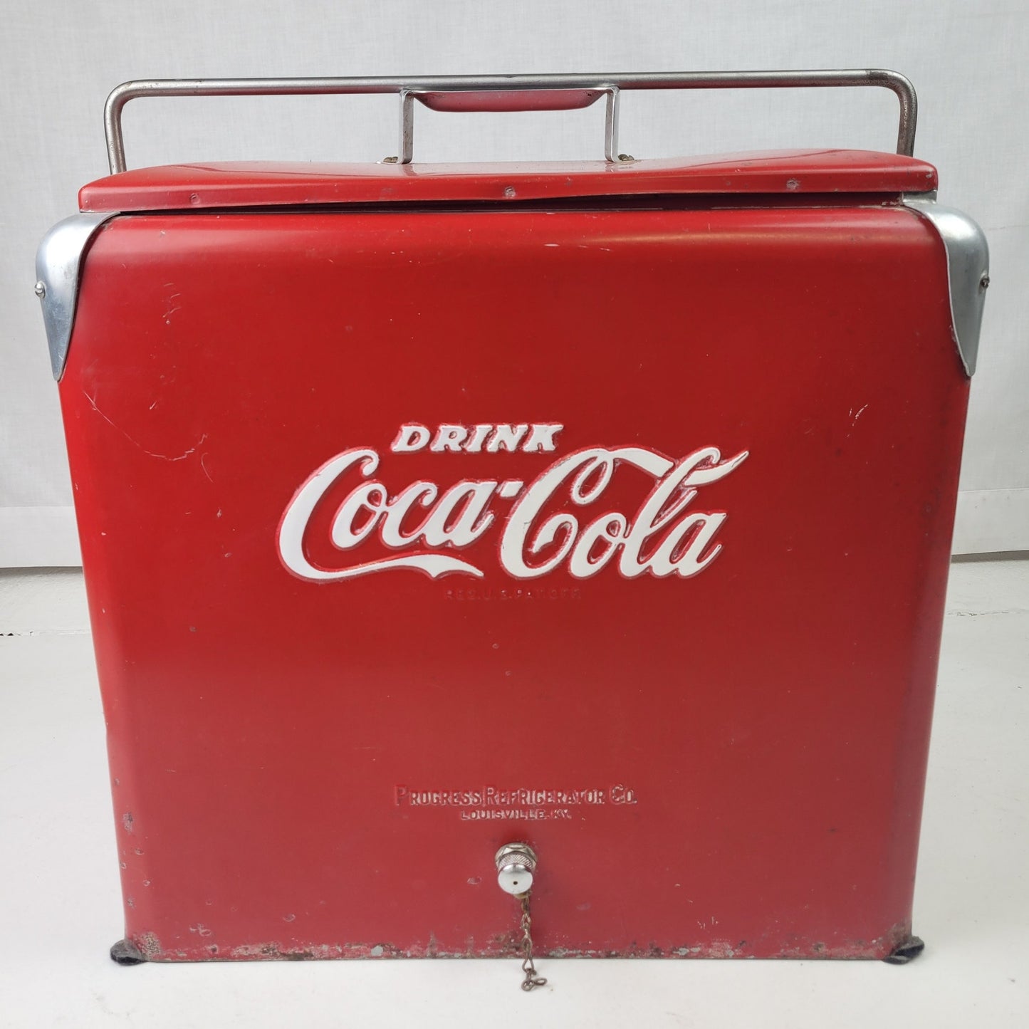 Vintage 1950s Coca-Cola Metal Cooler Progress Refrigerator Co. 19"x18"x13"
