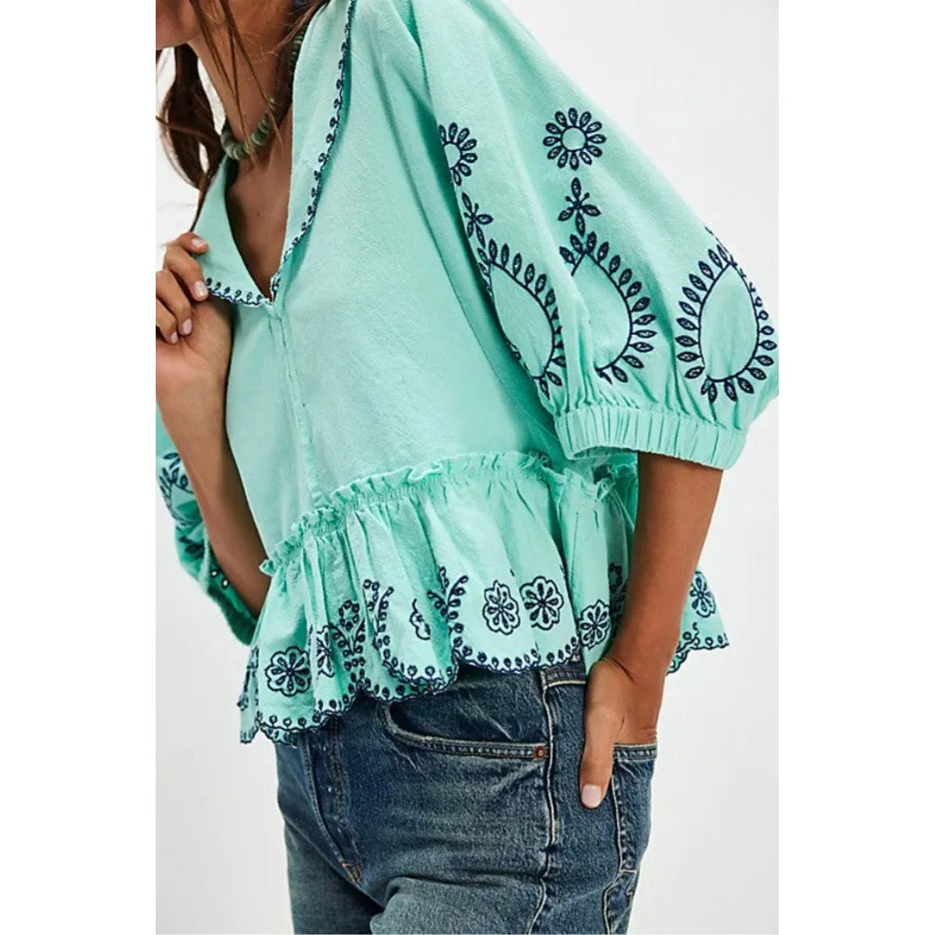 Free People Arcadia Floral Embroidered Blouse Women's Sz L MSRP: $168