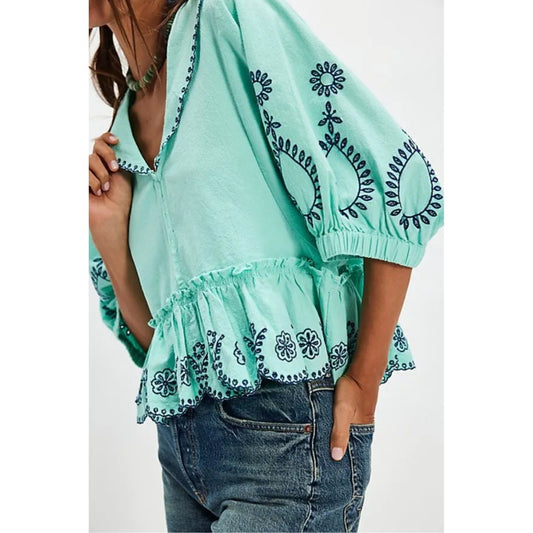 Free People Arcadia Floral Embroidered Blouse Women's Sz L MSRP: $168