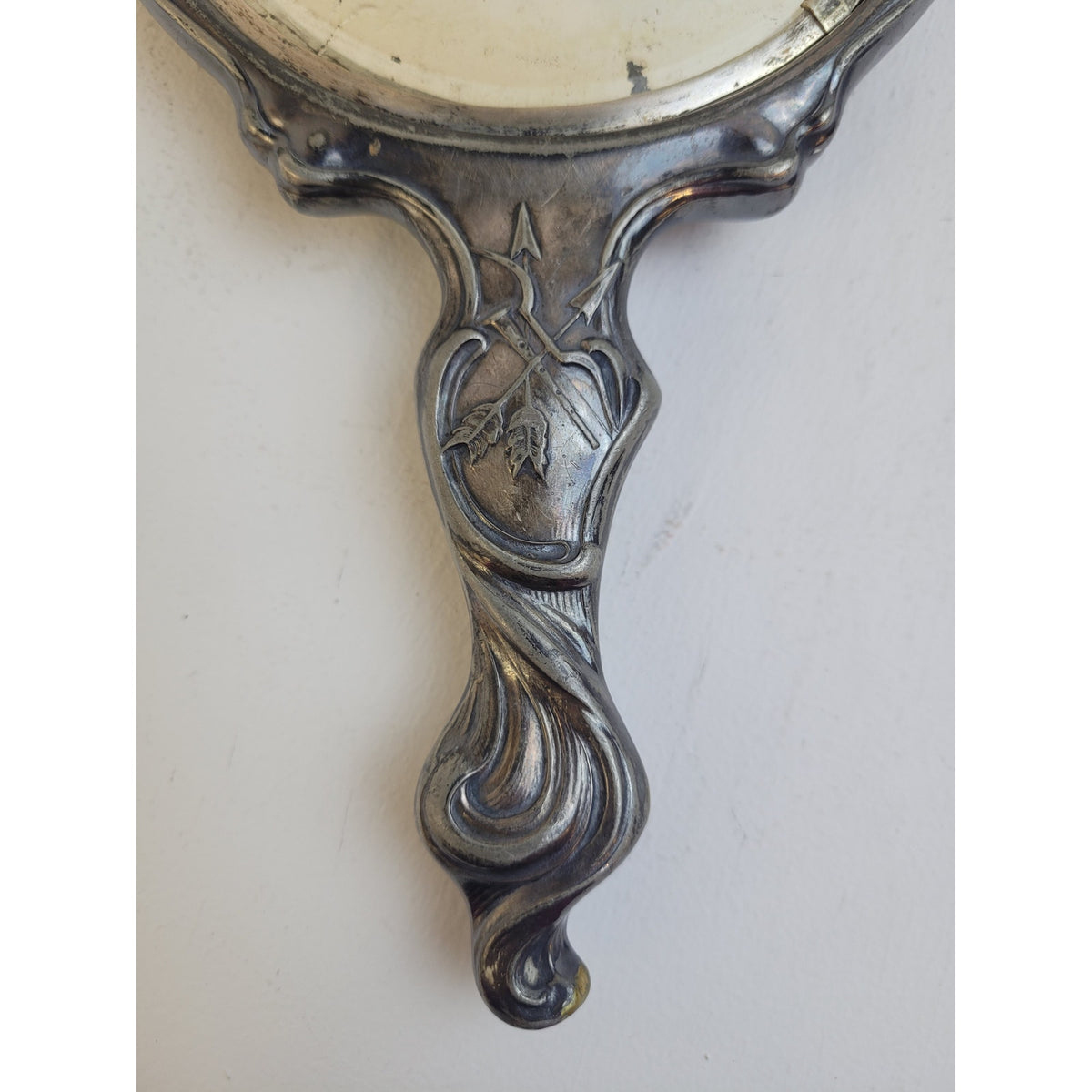 Antique Art Nouveau Silver-Plated Hand-Held Vanity Mirror Cupid & Arrow Design
