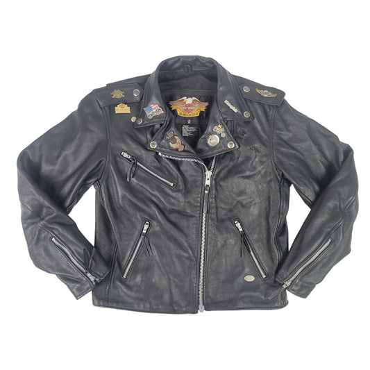 Vintage 90s Harley Davidson Black Leather Motorcycle Jacket with Pins Sz M