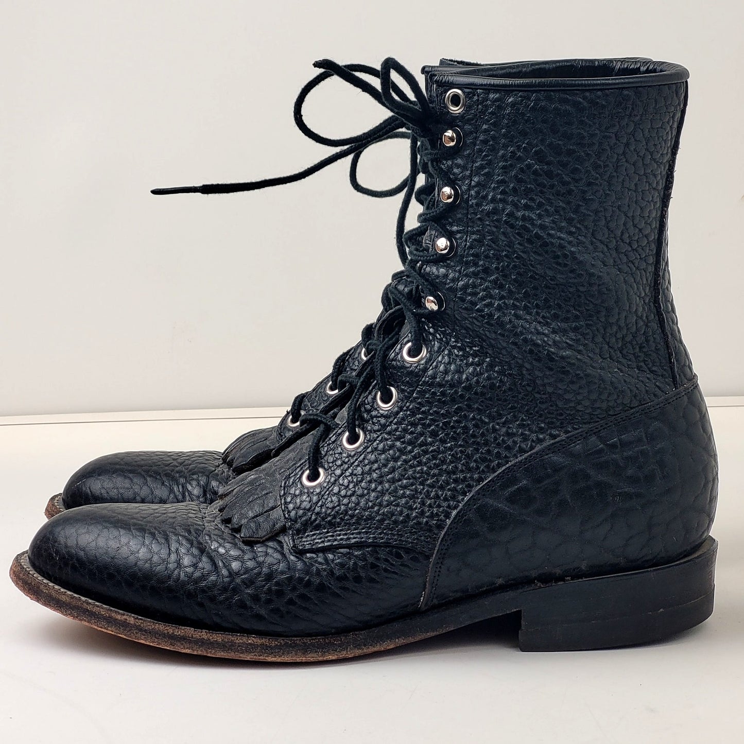 Vintage Justin Black Leather Roper Boots Lace-up Western Men's Sz 8.5D