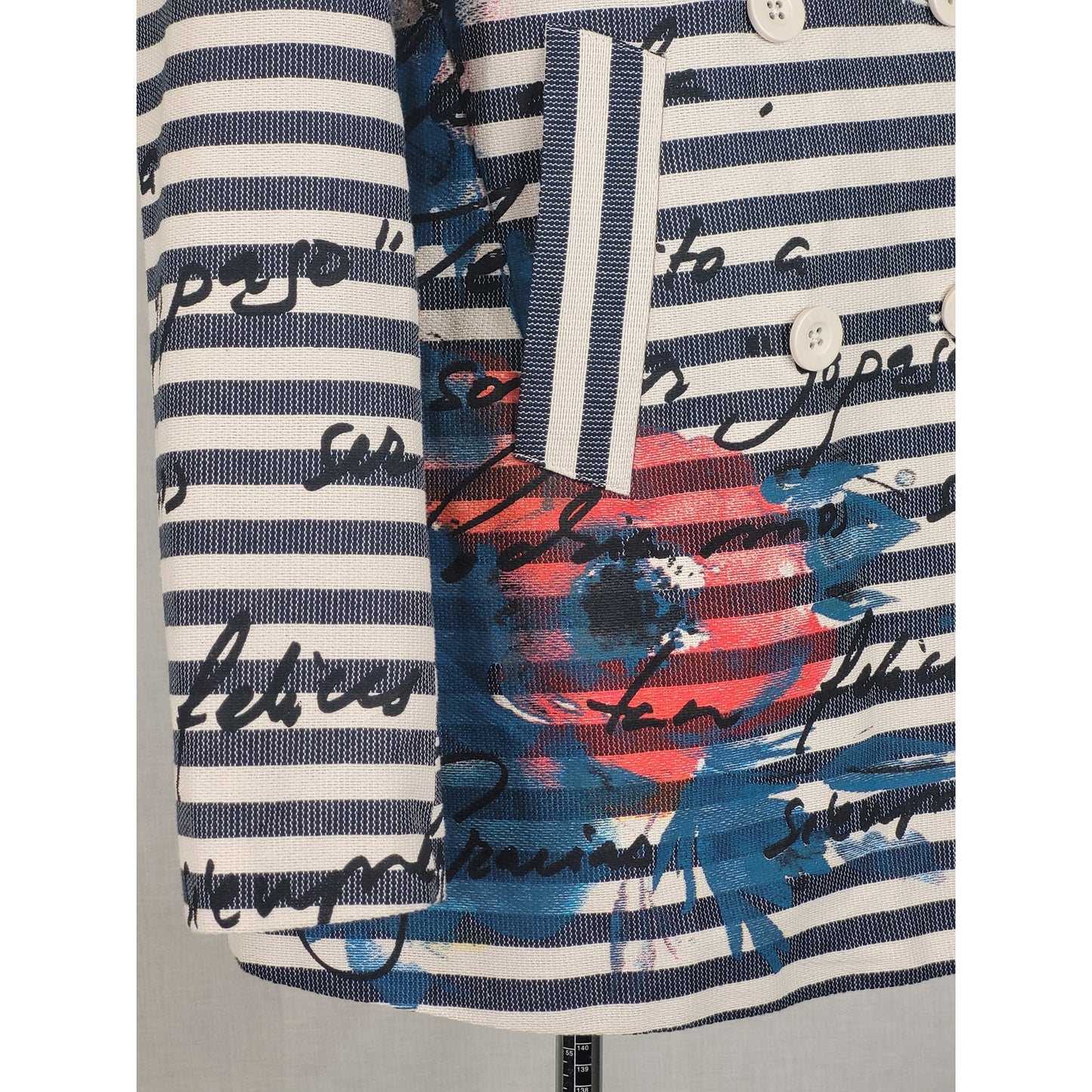 Desigual Mencia Blue & White Striped Double Breasted Blazer Floral Print Sz 38