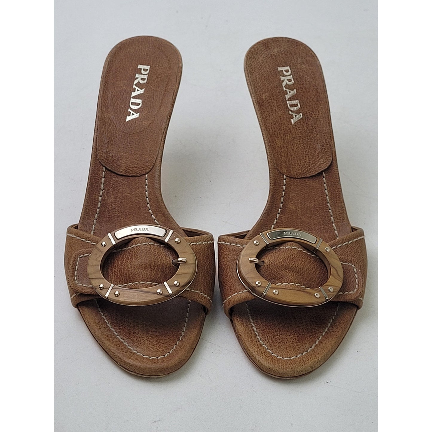 PRADA Leather Mules 3" Heeled Sandals w Wooden Buckle Sz EU 37 / US7