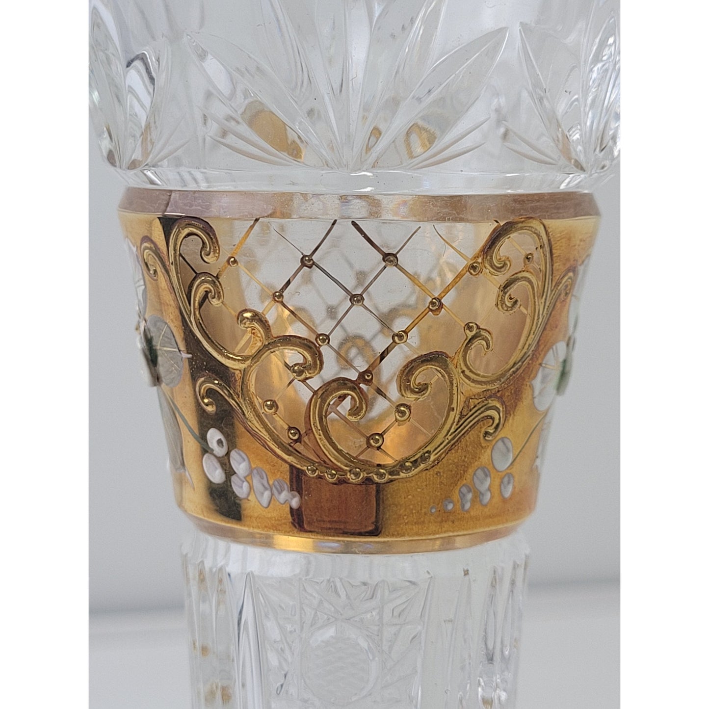 Vintage Poltar Slovakian Lead Crystal Vase Hand Cut Hand Painted 9 1/4"