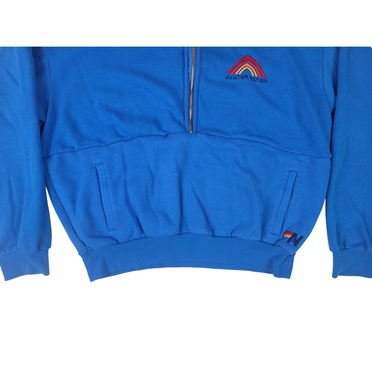 Aviator Nation Mountain Embroidery Half Zip Sweatshirt Ocean Blue Sz M