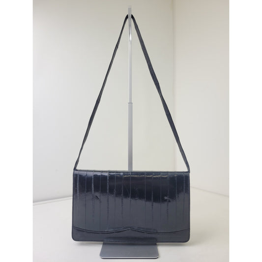 Vintage 1980s Black Eel Skin Convertible Clutch Shoulder Bag