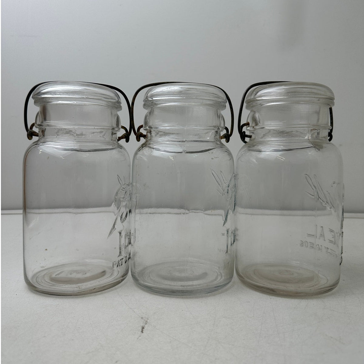 3 Vintage Ball Ideal Clear Glass Quart Mason Jars with Wire Bail Lids