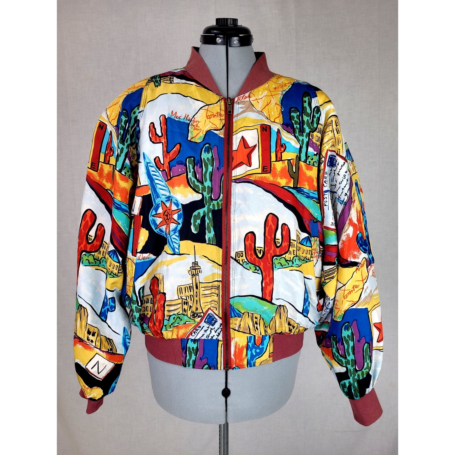 VTG 90s Silk Bomber Jacket Southwest Print Women's Sz M