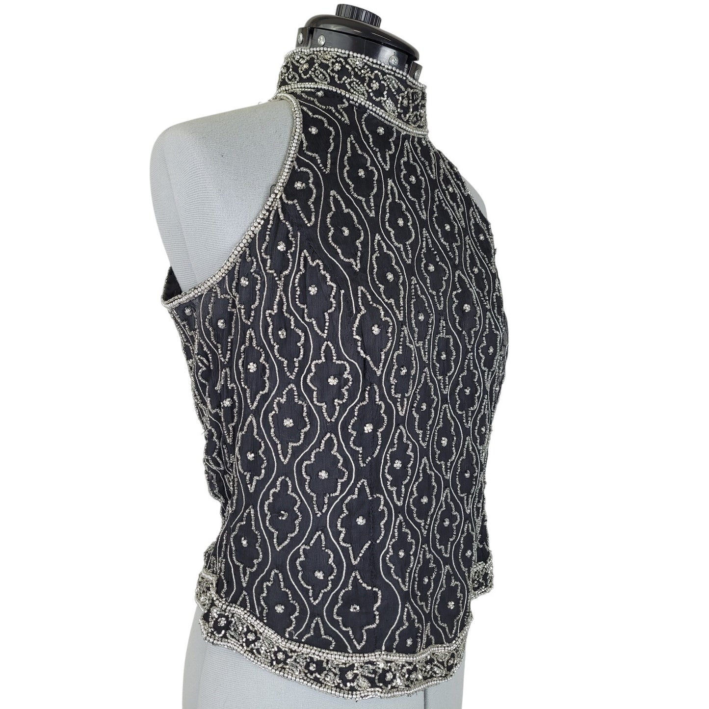 Vintage 1990s Marina Silk w Silver Beads Great Gatsby Sleeveless Blouse Sz S