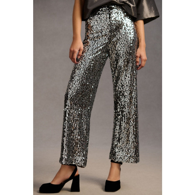 Maeve The Colette Sequin Cropped Wide Leg Silver Pants Women's Sz 28 NWT