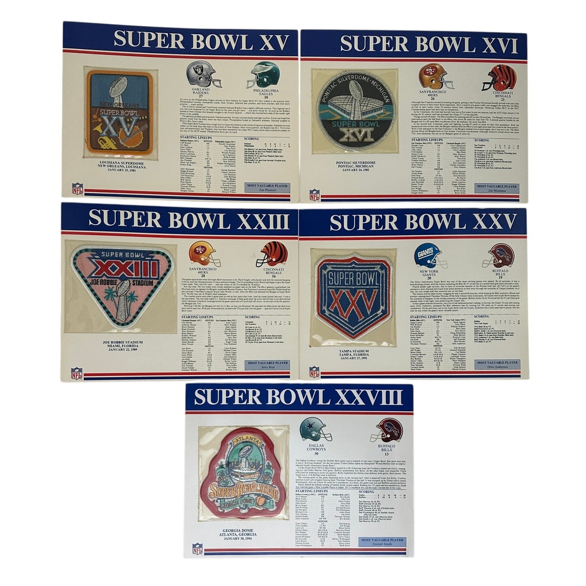 VTG Willabee & Ward Official NFL Super Bowl Commemorative Patch & Stat Card Lot