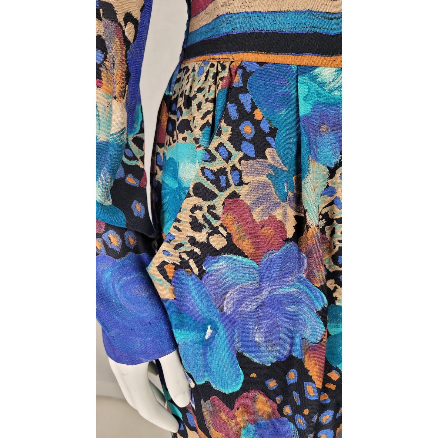 Vintage 1990s Mixed Print Below the Knee Dress w Slight Puff Sleeves Sz S