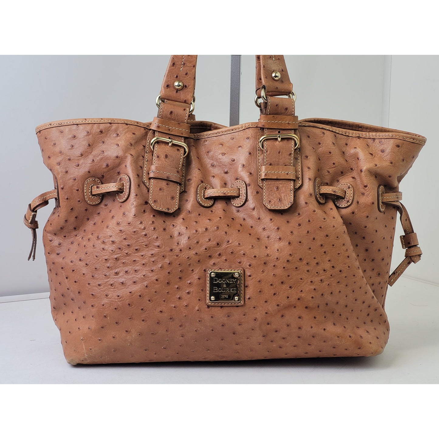 Dooney & Bourke Large Satchel Brown Ostrich-Embossed Leather Gold-Tone Hardware