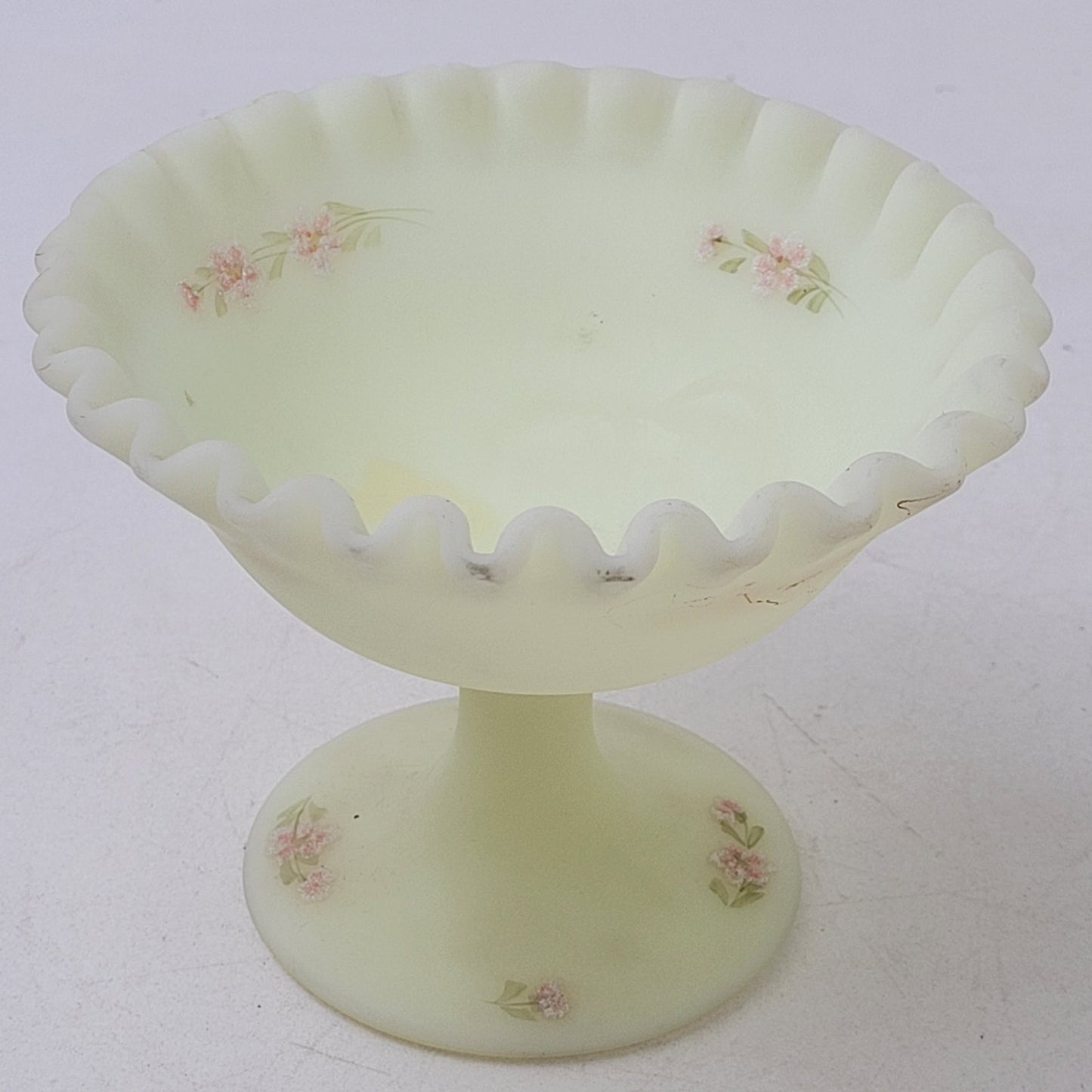 Vintage 1970s Fenton Custard Satin Small Compote Hand-Painted Artist Signed