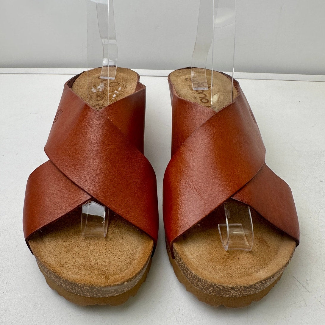 Yokono Brown Leather Criss Cross Wedge Slide Sandals Women's Sz 9