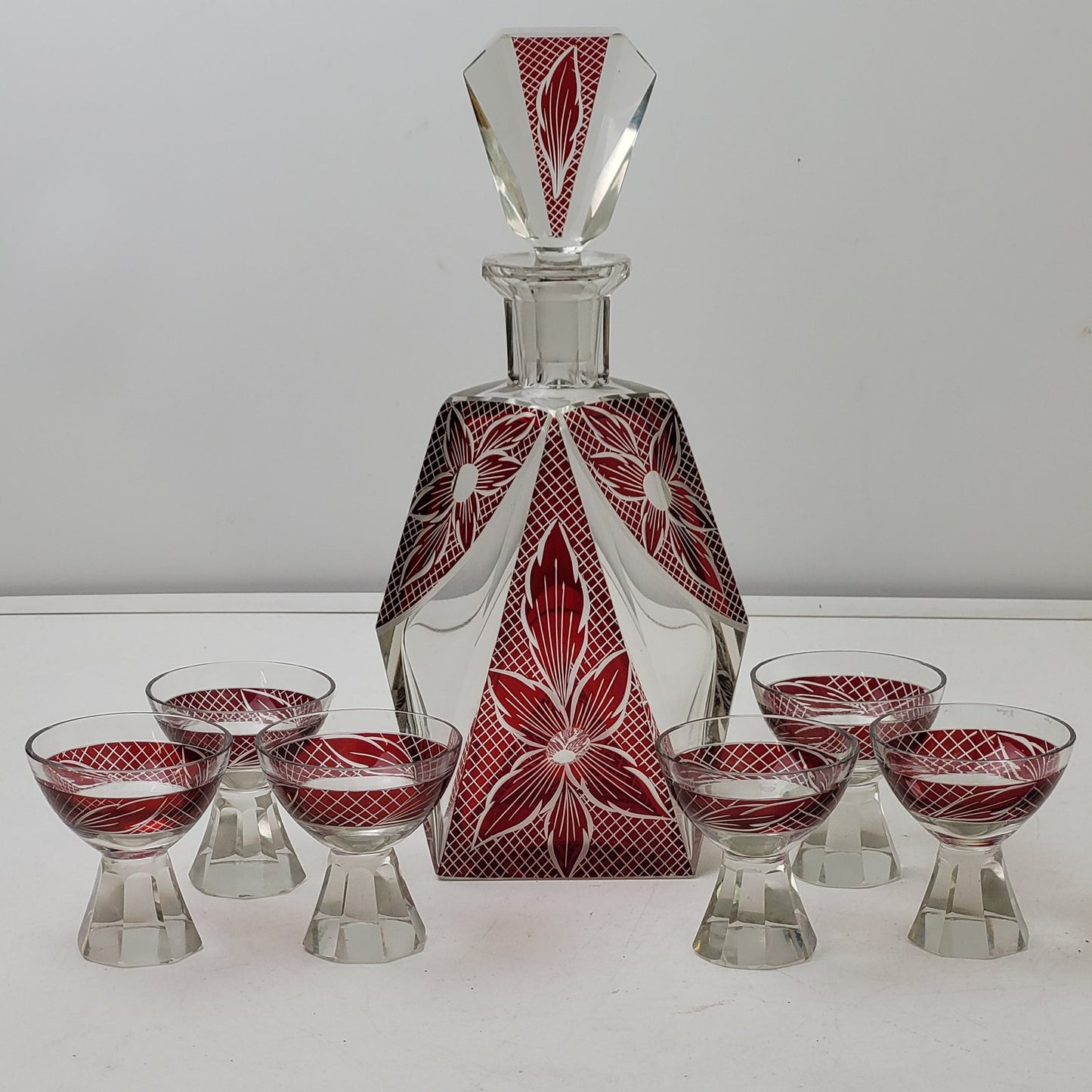 1920s-30s Art Deco Cubist Enamel Liquor Decanter & 6 Glasses Set by Karl Palda