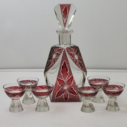 1920s-30s Art Deco Cubist Enamel Liquor Decanter & 6 Glasses Set by Karl Palda