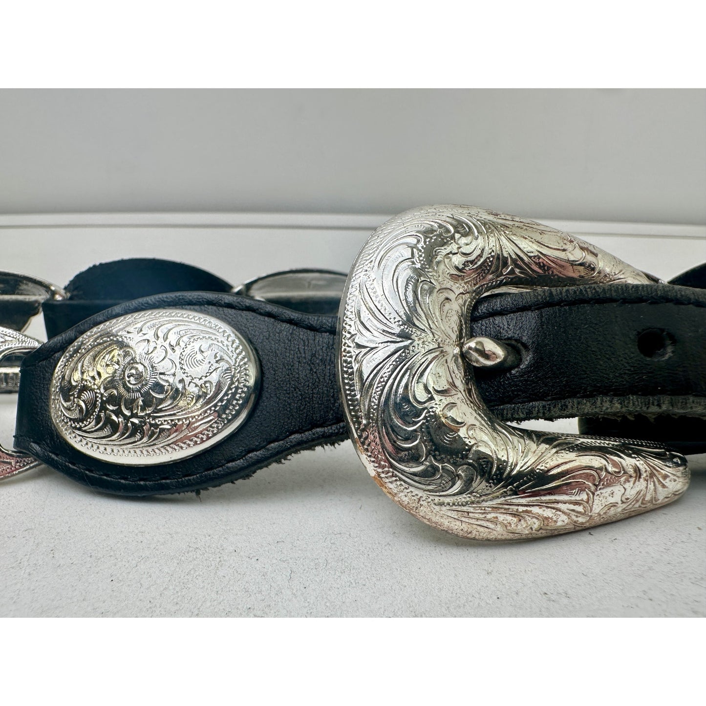 Vintage Tony Lama Black Leather/Silver Tone Western Concho Belt Sz 34