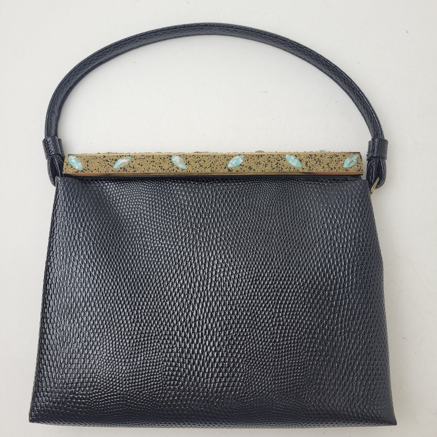 Vintage 1950s Black Lizard-Embossed Leather Evening Bag w Gold Tone Closure