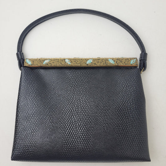 Vintage 1950s Black Lizard-Embossed Leather Evening Bag w Gold Tone Closure