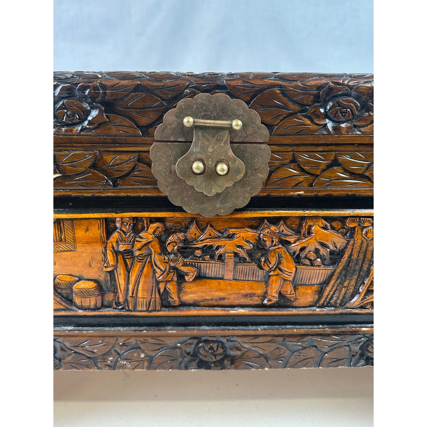 Vintage Hand-Carved Asian Wood Storage Chest