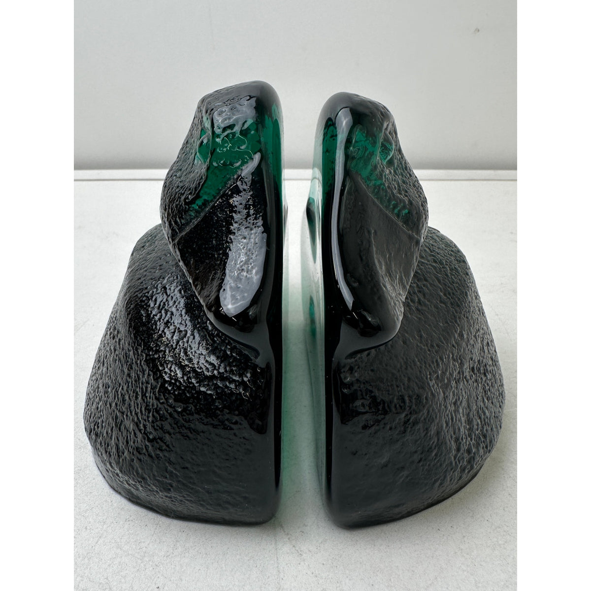 Vintage Blenko Emerald Green Textured Glass Duck Pair of Bookends
