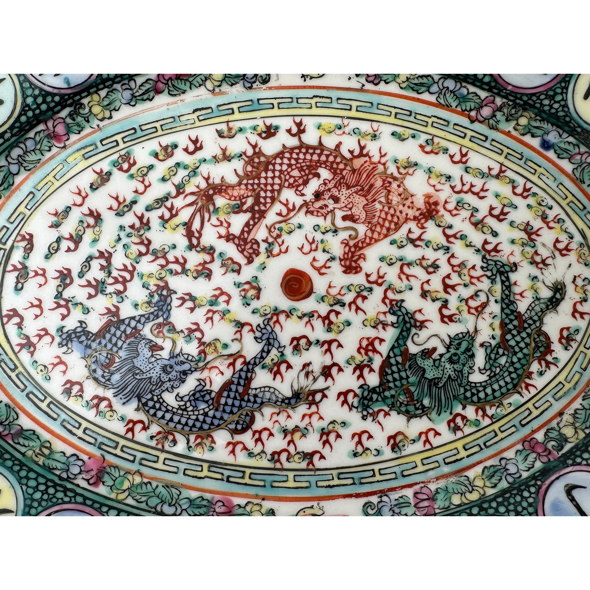 Vintage Chinese Famille Rose Porcelain Oval Dragon Plate