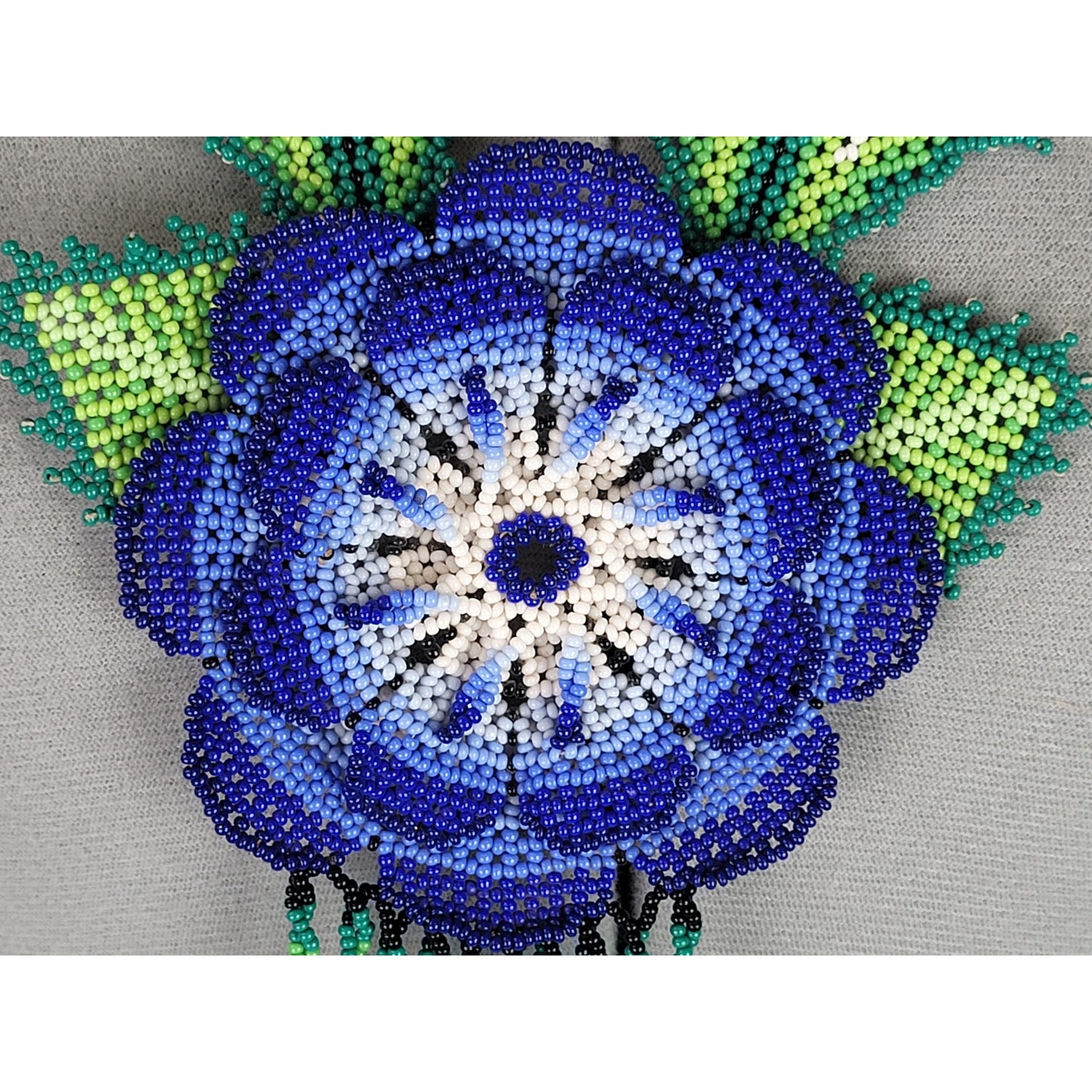 Huichol Beaded Flower Necklace Blue & Green Glass Beads