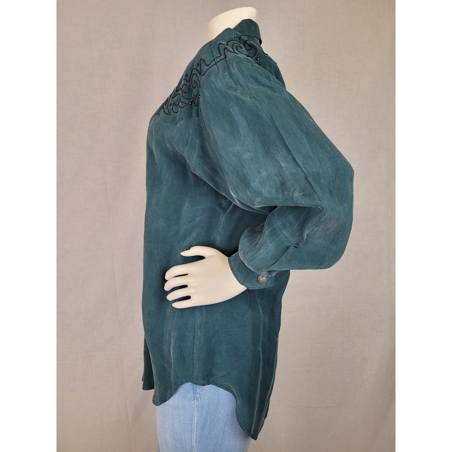 Vintage Rodeo Queen Emerald Green Silky Button-up Blouse with Embroidery Sz M
