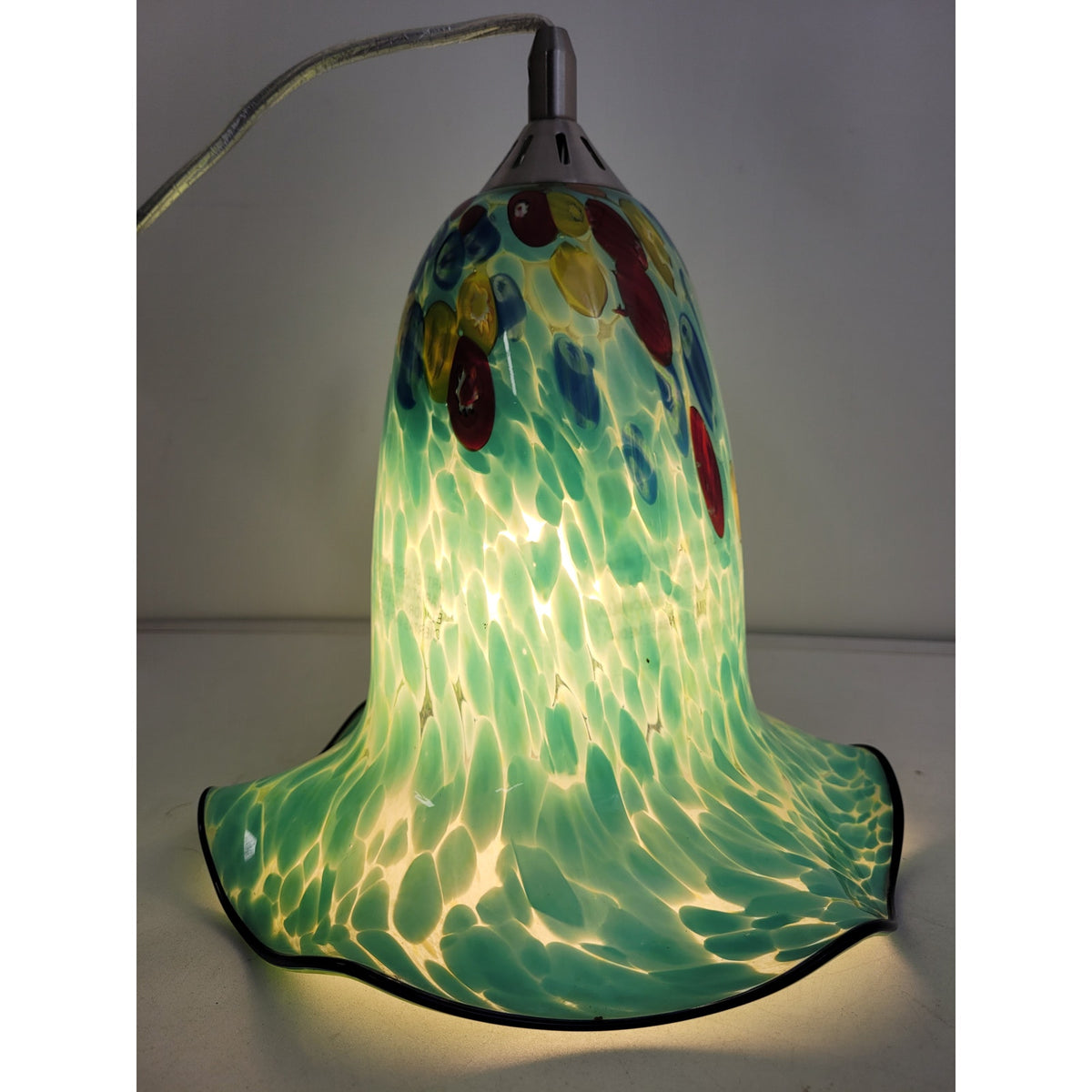 Art Glass Handblown Turquoise Blue Confetti Style Ruffled Edge Pendant Light