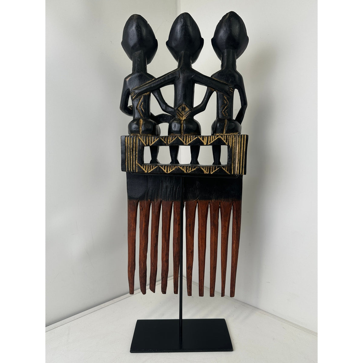 Hand-Carved Wood Triple Ashanti Prestige Comb on Stand