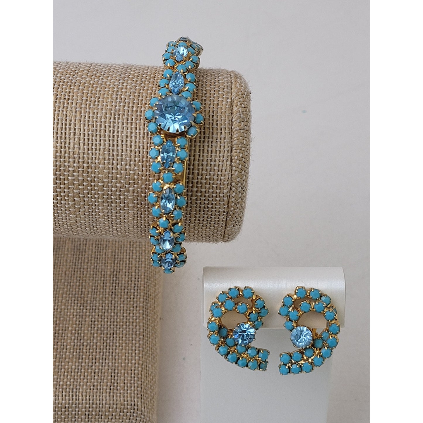 Vintage Blue Rhinestone and Gold-tone Metal Bracelet & Earrings Set
