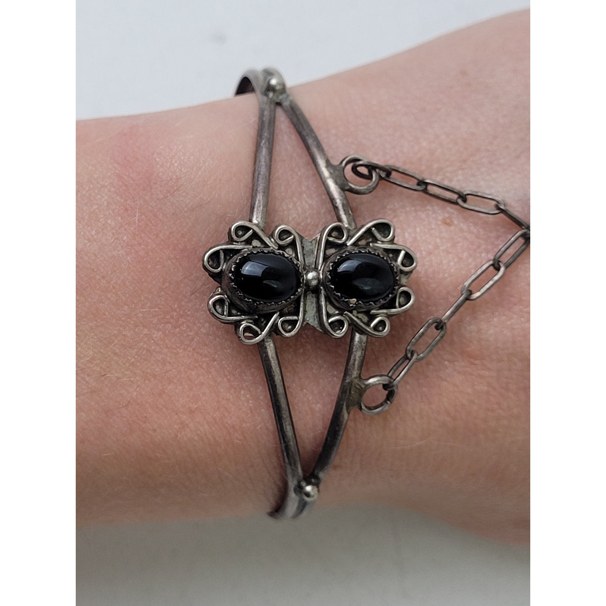 Vintage Navajo Sterling Silver Bracelet Ring Chained Set w Onyx Stones
