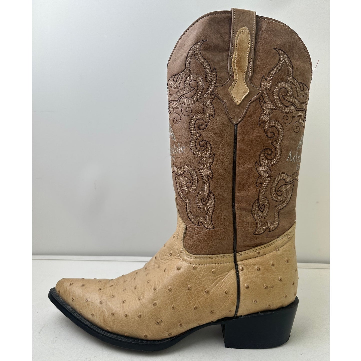 Admirable Handcrafted Ostrich Print Leather J-Toe Cowboy Boots Men's Sz 10