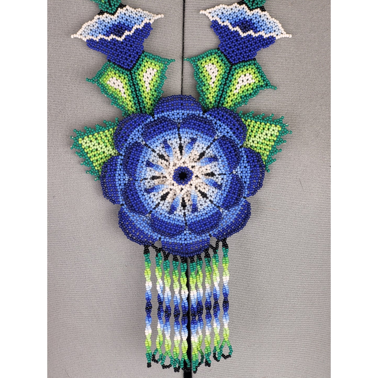 Huichol Beaded Flower Necklace Blue & Green Glass Beads