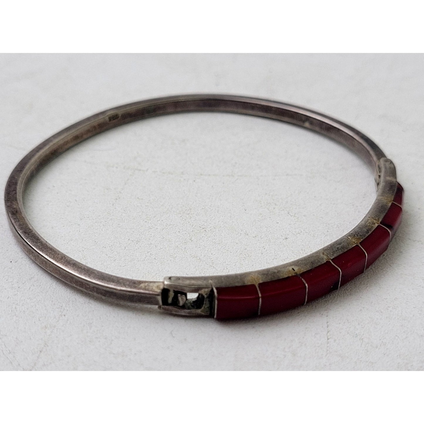 Vintage Mexican Sterling Silver Hinged Bracelet with Jasper Inlay