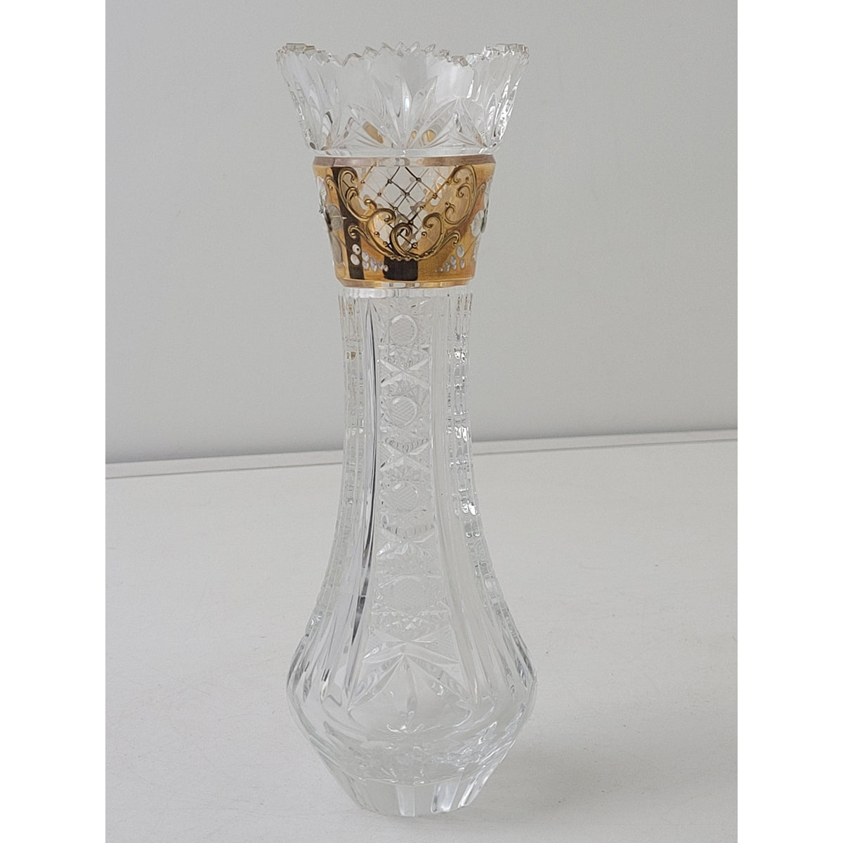 Vintage Poltar Slovakian Lead Crystal Vase Hand Cut Hand Painted 9 1/4"