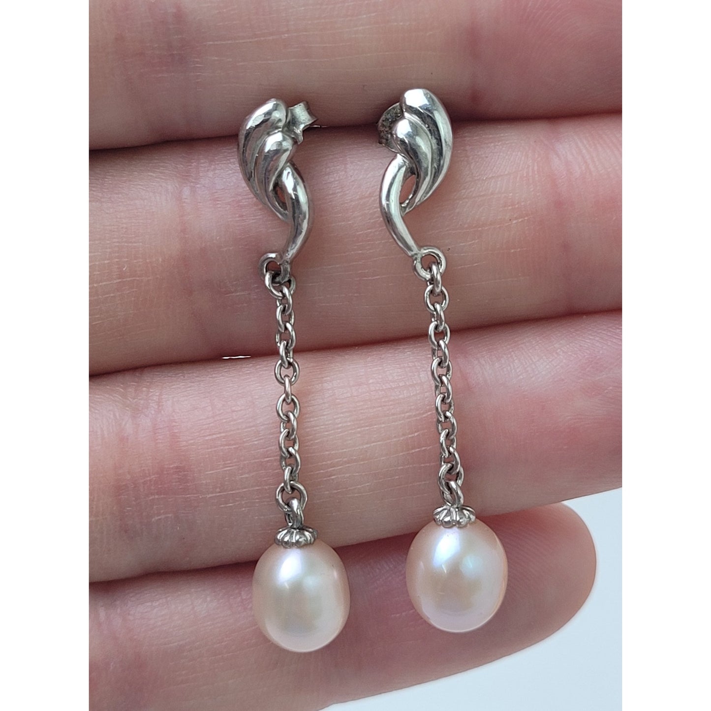VTG Sterling Silver Drop Dangle Earrings Pink Freshwater Pearls & Chain | 42mm L