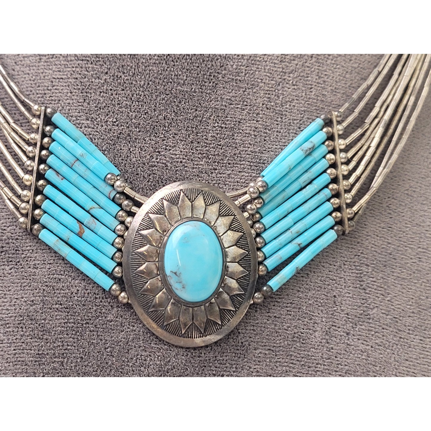 VTG Liquid Sterling Silver & Turquoise Multi-Strand Choker Necklace Adjustable
