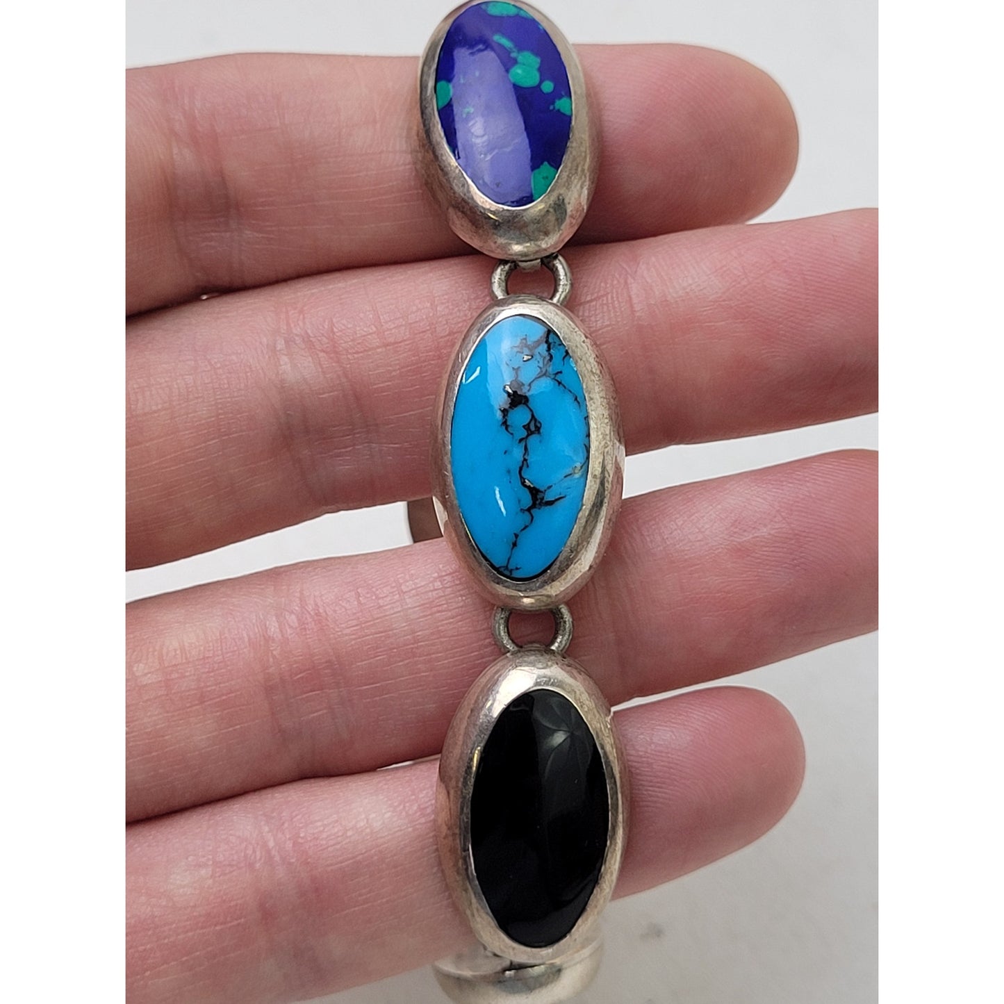 Vintage CII Mexican Sterling Silver Multi-Stone Inlay Bracelet & Earring Set