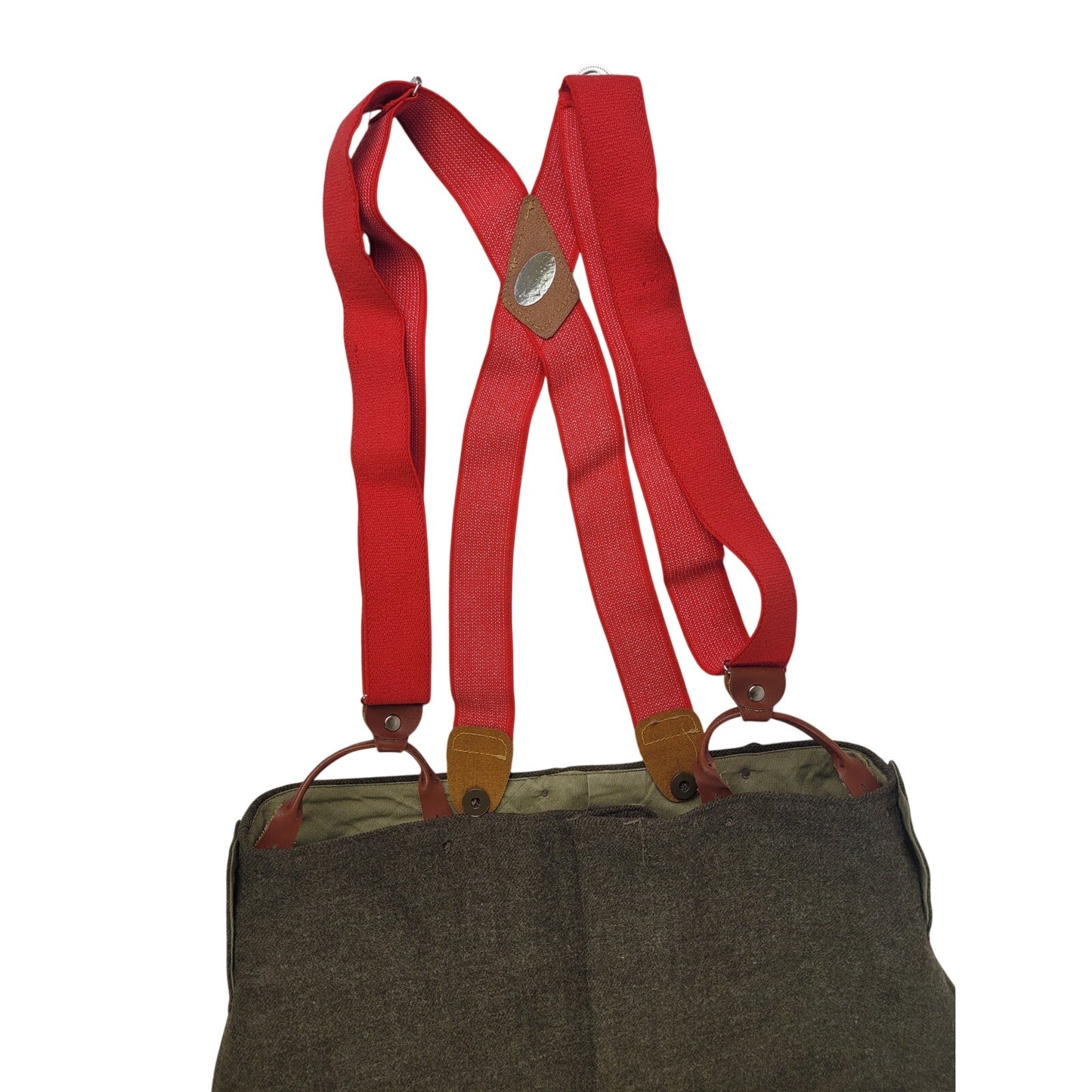 Vintage 1950s Miliary Green Wool Field Pants with Red Suspenders Men's Sz 33X30