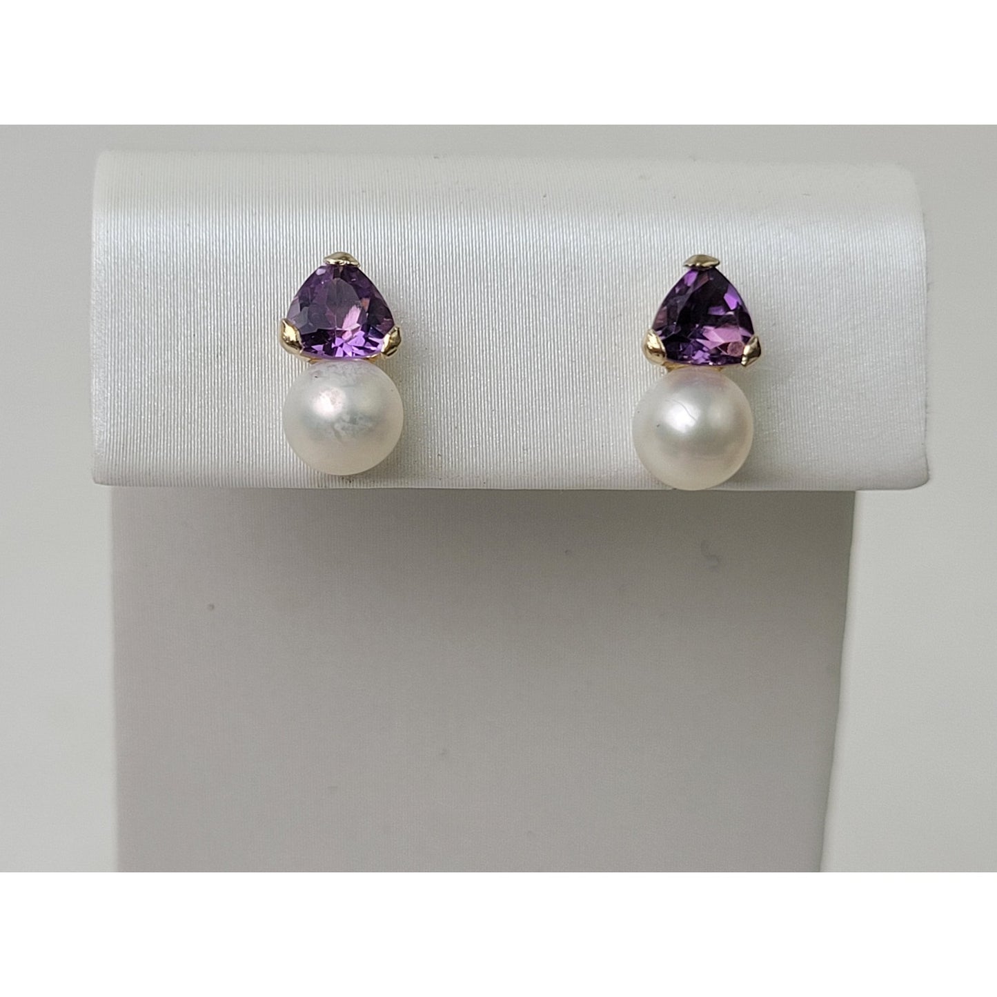 14K Yellow Gold Purple Amethyst & Pearl Drop Earrings 10mm Length