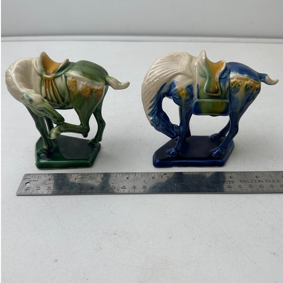 Vintage Chinese Tang Dynasty Style Sancai Glazed Ceramic War Horse Figurines